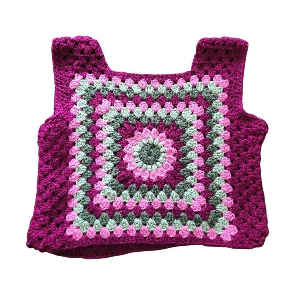Handmade Top Women's Medium Purple Crochet Knit Colorful Granny Square Cropped